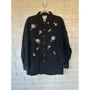 Quacker Factory Black Button Down Shirt Large Purple Floral